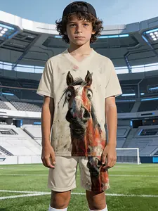 Funny horse art boys' V-neck sports short-sleeve shirt and shorts set, 100% polyester, casual and loose fit, stylish and fun printed patterns for summer, suitable for outdoor physical activities and daily casual wear in summer, a perfect gift for boys.
