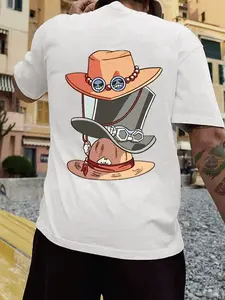One Piece Luffy Ace Sabo Brothers Hat Print T-Shirt, Unisex Cotton Short Sleeve, Casual Oversize Top, Anime Style, Trendy Couple Tee