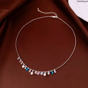 Multicolor Zircon & Pearl Drop Necklace for Women – Silver Plated Sparkling Beaded Choker | Elegant Adjustable Daily Jewelry for Parties & Everyday Wear,summerwins