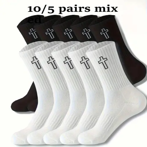 Women's Mid-Calf Socks Assortment Set - 10-Piece Mixed Basic Style, Unisex Stretchy Breathable Moisture-Wicking Fabric, Snug Non-Slip Fit, 10+5 Black & White Color Mix, Casual Underwear for Women for All Seasons Everyday Wear