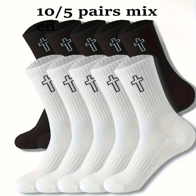 Women's Mid-Calf Socks Assortment Set - 10-Piece Mixed Basic Style, Unisex Stretchy Breathable Moisture-Wicking Fabric, Snug Non-Slip Fit, 10+5 Black & White Color Mix, Casual Underwear for Women for All Seasons Everyday Wear