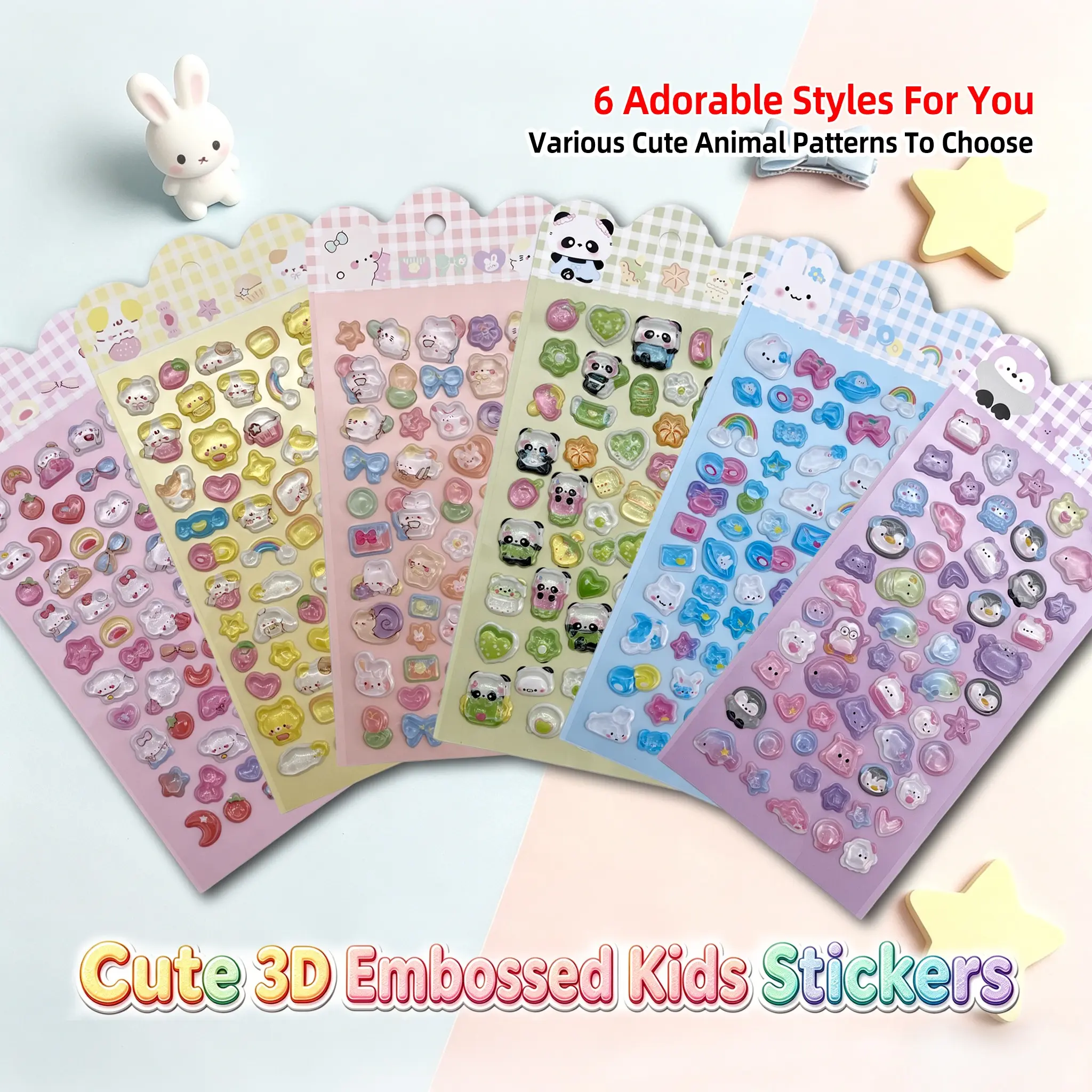 6 styles of 3D relief children's three-dimensional stickers, sparkling crystal stickers, suitable for DIY projects , mobile phones, thermos decorations, hand books and laptops, handmade for kindergarten children, cute cartoon small animal cute love series