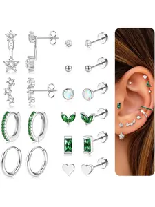 10 Pairs Helix Piercing Jewellery Flat Back Earrings Surgical Steel Tragus Earrings Gold Silver with Green CZ Conch Daith Cartilage Piercing Jewellery Hypoallergenic Stud Hoop Set Ear Studs
