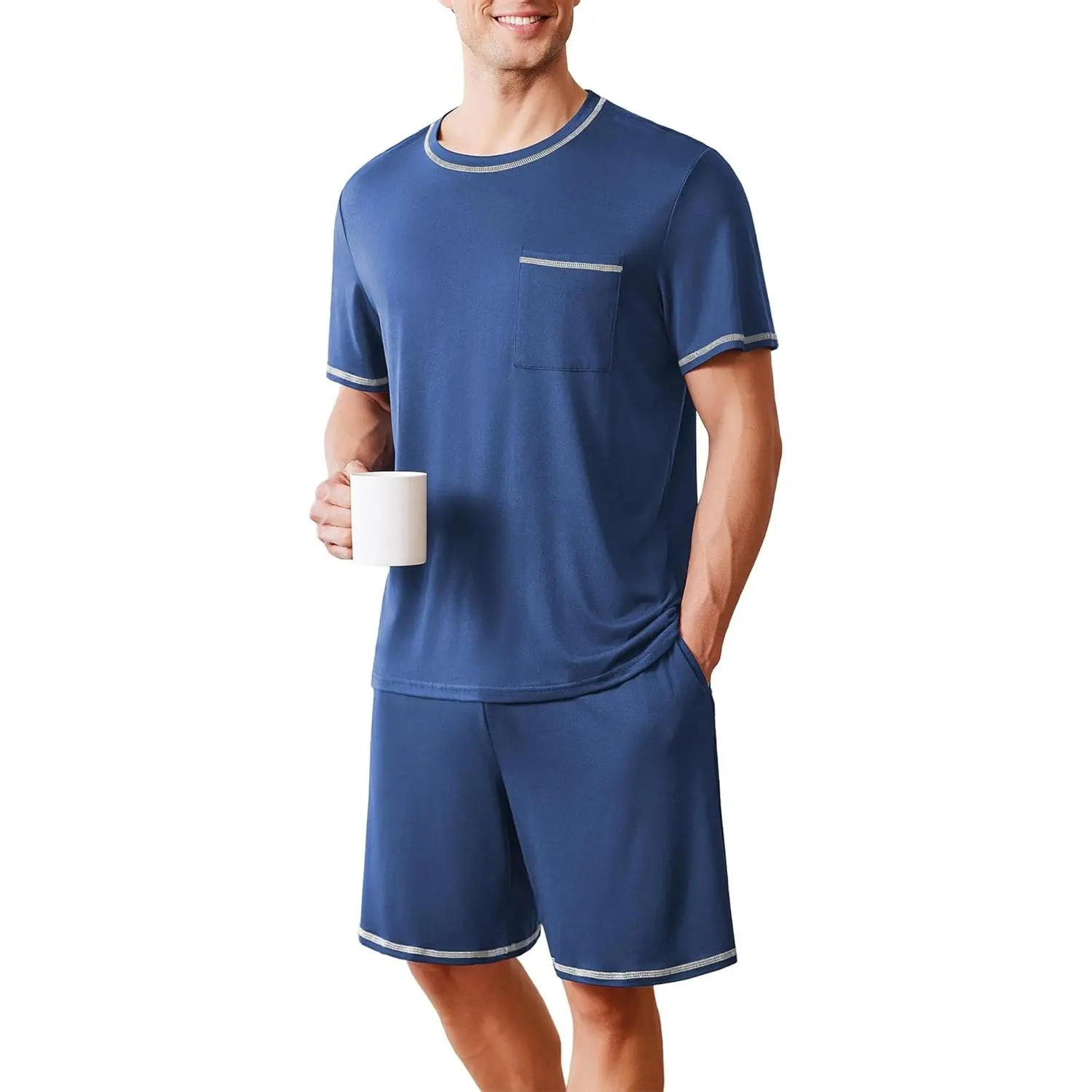 Men's 2-Piece Spandex-Polyester Pajama Set - Casual Shortsleeve Round Neck Shirt & Shorts Nightwear, Comfy Sets with Pockets, Mens Loungewear for Gym, Pajamas Sets, Crew Neck