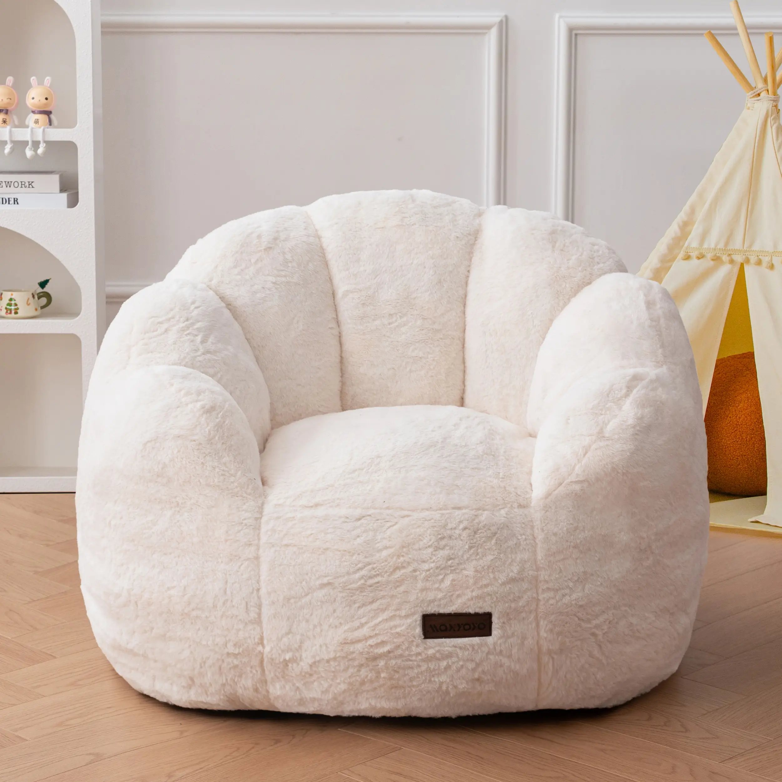 [Note the Size]MAXYOYO 29.5"x26"x22.8" Small Floral Bean Bag Chair, Plush Faux Fur Sofa with Petal Backrest, Cozy Floor Couch for Bedroom or Lounge