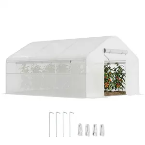 13' x 10' x 6.5' Tunnel Greenhouse – White. Roll-Up Door + Large Mesh Windows. 140 gsm PE Cover (85% Light). 25mm Galvanized Steel Frame + Slant Bracing Bars