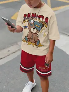 Boys' Trendy Cute, Stylish Bear and Letter Print Short Sleeve T-Shirt + Shorts Set, Casual Home Outdoor Wear