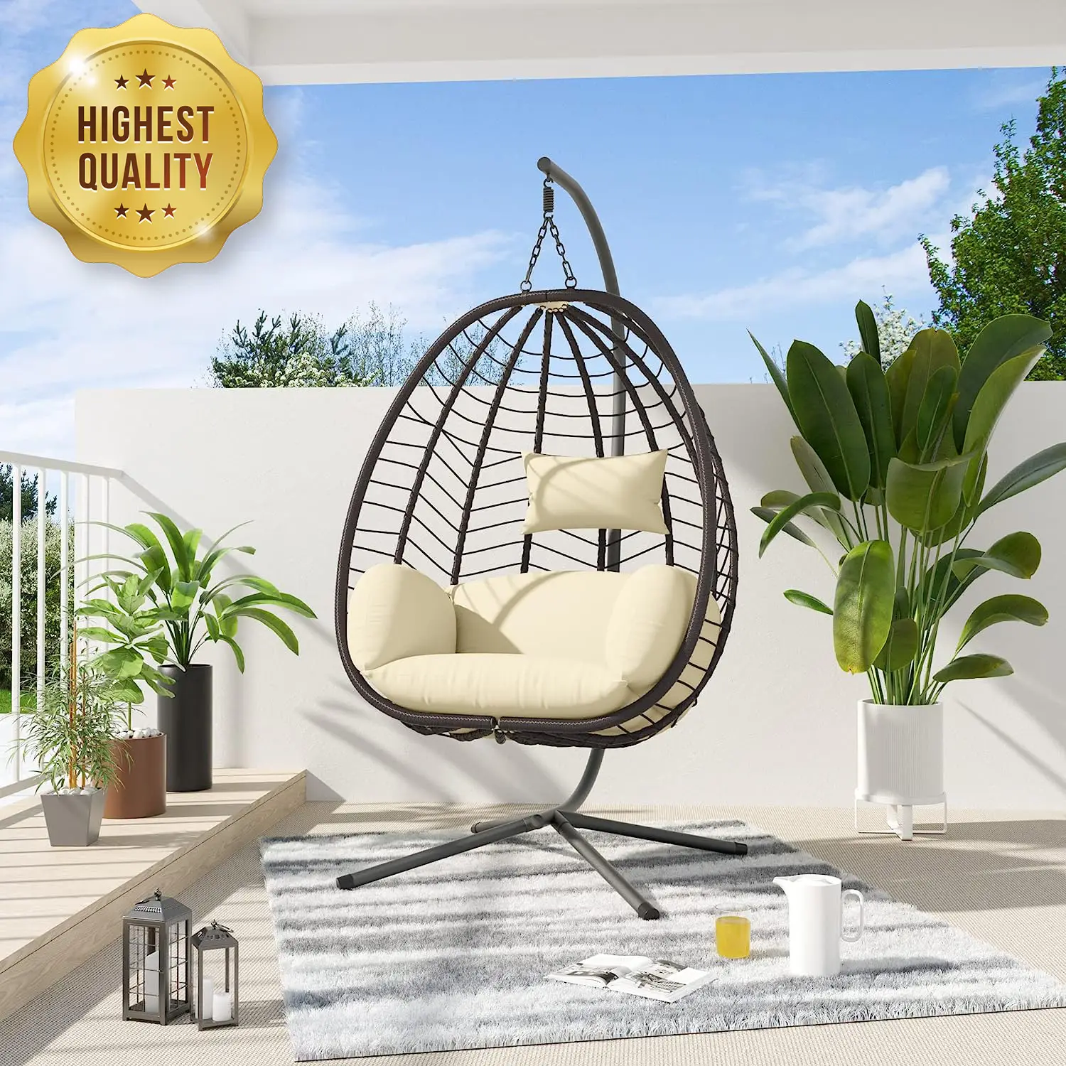 Egg Swing Chair with Stand - 350lbs Capacity, Indoor/Outdoor Wicker Rattan, Grey Cushions - Perfect for Bedroom, Balcony, Garden, or Poolside