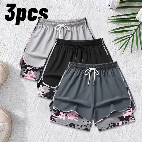 Women's 3-Pack Active Quick Dry Above Knee Casual Shorts - Built-in Liner, Elastic Waistband, Camo Print, Drawstring for Running, Fitness