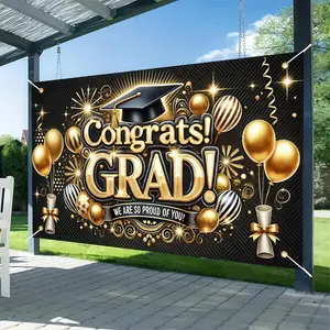 Graduation Banner Congratulations Class of 2026 Gold and Black Graduation Backdrop Supplies 71*43 Inches