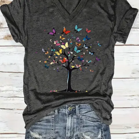Women's V Neck Butterfly Tree Print T-Shirt, Casual Loose-Fit Summer Top, Casual Chic Top, Comfortable Breathable Lightweight Fabric, Casual Breathable Design, Casual Trendy Tee, S-Xxl Sizes Available
