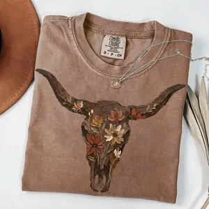 Comfort Colors Brushstroke Floral Western Cow Skull Tshirt, Cowboy Graphics Tee, Western Graphics Tshirt, Flower Cowgirl, Desert Western Art