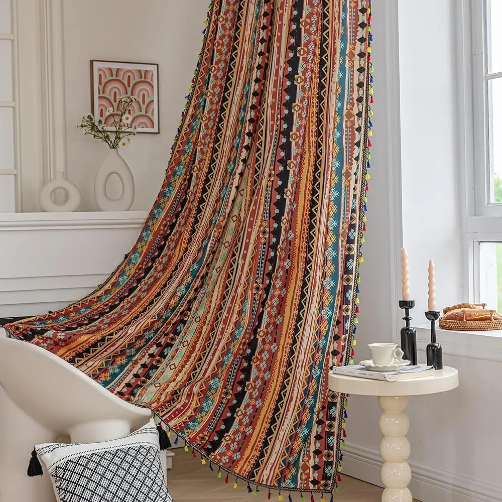Erbnaryx Boho Geometric Art Style Polyester Curtains, 2-Panel Vintage Red Light Filtering Airy Semi-Sheer Low Iron Rod Pocket Drapes for Living Room Whimsical Home Decor