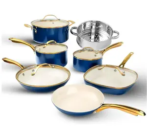 Gotham Steel 12 Piece Pots and Pans Nonstick Set Ceramic Cookware Kitchen Set, With Frying Skillet, Saucepan | Navy Cream