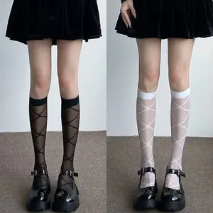 3 Pairs of Summer Black Mid-Calf Stockings with Diamond Cross Pattern, Solid Color, Thin Transparent Half-Leg Socks