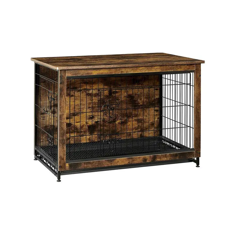 SONGMICS HOME Feandrea Rustic Finish Heavy-Duty Wooden Dog Crate Furniture - Indoor End Table Enclosure with Steel Frame, Removable Tray, Customizable Side Door, Left/Right Placement & Easy Assembly to Reduce Home Damage