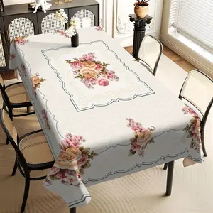 1Pc retro rice pink, floral rectangular dining table cloth, family kitchen living room dining table cloth, party tablecloth, kitchen accessories, room & outdoor decoration tablecloth, friends house warming fashion tablecloth