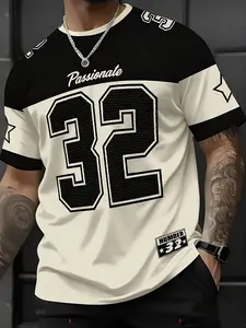 Men's Trendy 32 Number Jersey Short Sleeve Tee, Street Style Loose Casual Top, Unique Digital Print Design, Daily Wear & Sports Leisure, Athletic Fashion Activewear