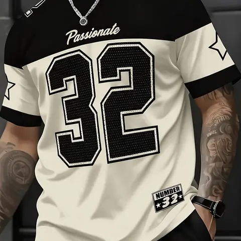 Men's Trendy 32 Number Jersey Short Sleeve T-Shirt, Short Sleeved, Gym Workout Tee, Street Style Loose Casual Top, Unique Digital Print Design, Daily Wear & Sports Leisure, Casual Sportswear, Gym T Shirts