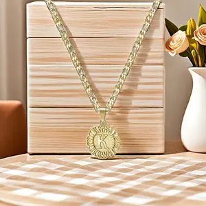 Dainty 18K Gold Plated Round Initial Pendant Necklace For Women and Men,Choose from 26 Letters,Figaro Chain Necklace, Perfect Gift for Him or Her-Hypoallergenic Necklace