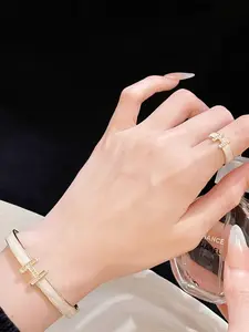 2 Piece Set Zircon Letter H Open Bangle + Zircon Geometric Cutout Open Ring, Stylish Jewelry for Women, Perfect Gift Idea