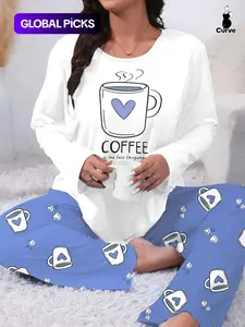 Plus Size Heart Coffee Letter Print Comfortable 2-Piece Pajama Set, Long Sleeve Top & Pants, Casual Fitted Sleepwear & Loungewear for All Seasons