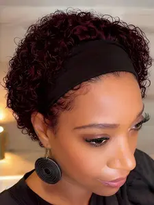 Short Curly Headband Wig for Women - Pixie Cut Jerry Curly Half Wig, Natural Black 1B Color, Wear and Go Human Hair Wig with Headband for Daily Use