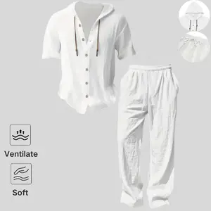 Men’s two-piece set: short-sleeve hooded top and long pants for summer, made from soft linen, featuring a drawstring Henley collar—casual outfit.