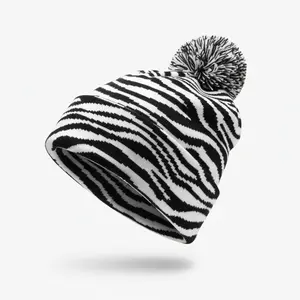 Zebra Hand-Crafted Beanie with Bold Striped Patterns and Eye-Catching Pom for Unique Style and Warmth