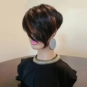 New 2025 Arrivals Elegant 8-Inch Pixie Cut Wig with Long Bangs for Women - Glueless, Straight Human Hair, 180% Density, 1b/30 Highlighted Layered Pixie Cut Wig