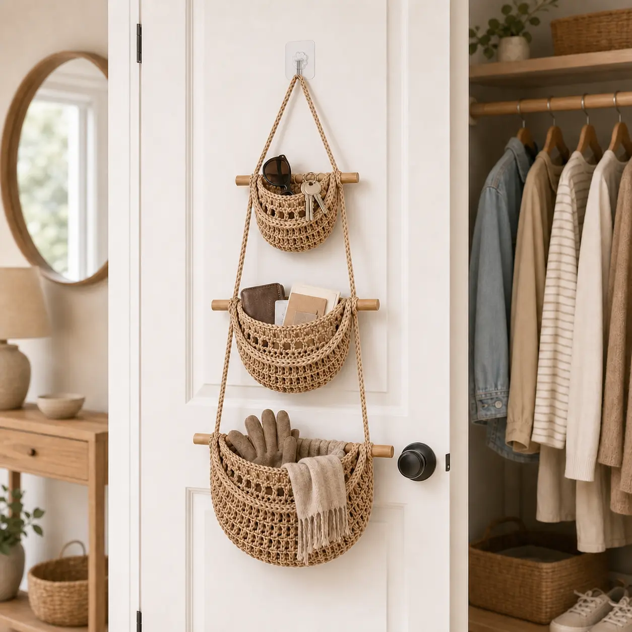 【Free Ship】3-Tier Woven Cotton Over-the-Door Basket, Wall-Mounted Jute Storage Organizer for Bathroom, Decorative Nursery Solution for Busy Parents to Store Diapers & Toys, Gift-Worthy Home Organizer Hook