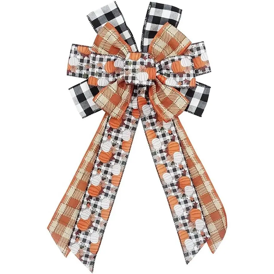 Large Fall Bows for Wreath, Thanksgiving Pumpkins Wreath Bow Orange Buffalo Plaid Burlap Bows Autumn Tree Topper Bow for Front Door Thanksgiving Party Decoration Supplies