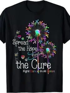 Cancer Awareness T-Shirt for Men & Women with Colorful Ribbon & Dandelion Design, "Spread Hope Fight Cancer" Slogan, Unisex Retro Round Neck Short Sleeve, Breathable Elastic Cotton, Regular Fit, Machine Washable, Charity Events & Casual Wear