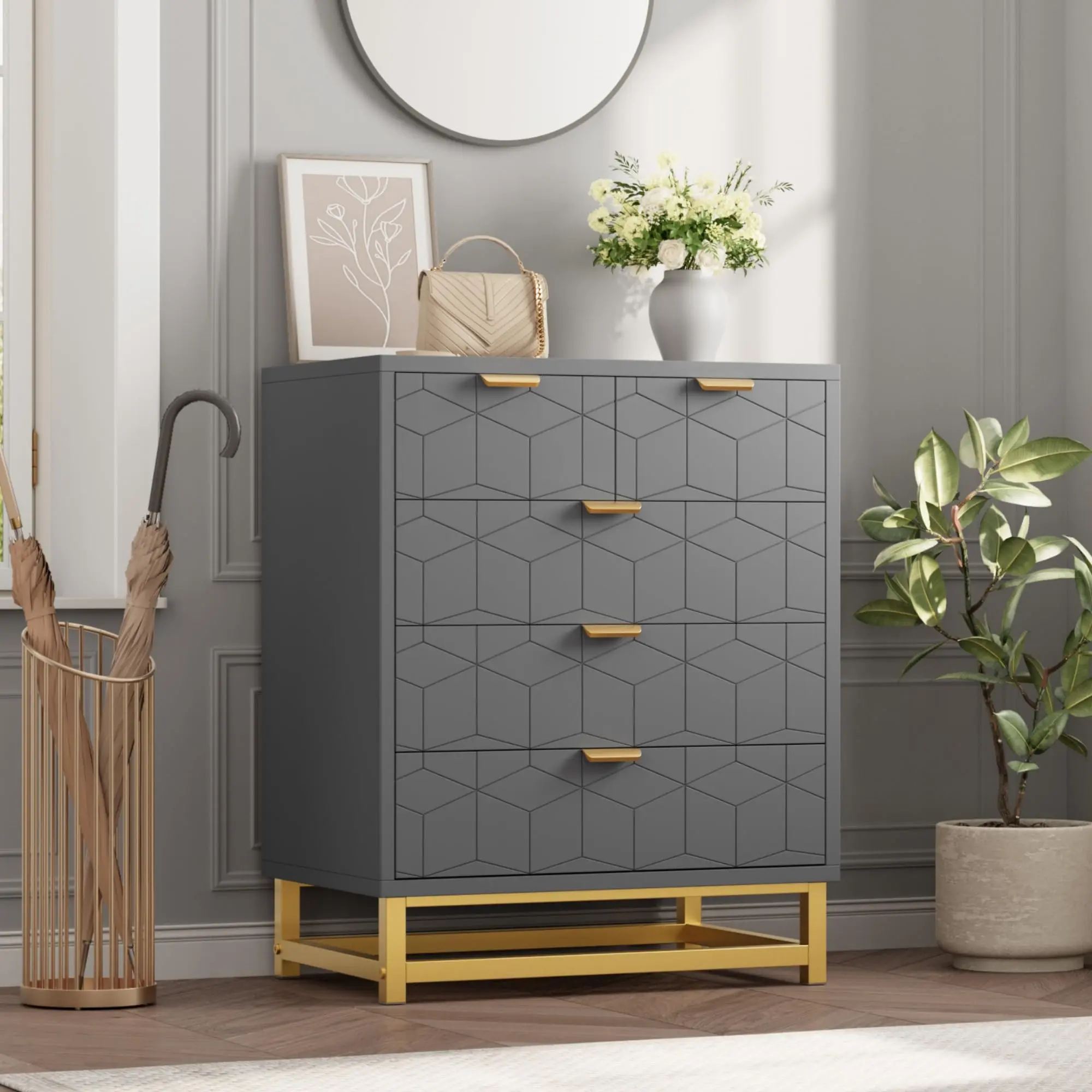 Garvee 5-Drawer Grey Wooden Bedroom Dresser with Gold Handles - Contemporary Luxury Cabinet for Drawer Organization, Clothes Storage Solutions, Easy Setup (Bedroom, Hallway), Drawer Chest Organizer, Modern Storage Cabinets,dorm essentials,home decor