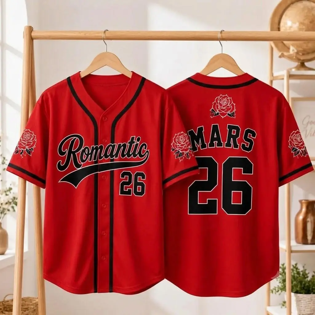 Full Print Vintage Romantic Red Rose Concert Baseball Jersey Shirt, Casual Baseball Jersey, Unisex Baseball Jersey Shirt