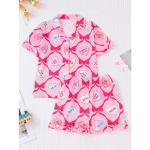 Heart Bow Print Girls Pajama Set, 2pcs Short Sleeve Top with Shorts, Cute Soft Loungewear for Daily Wear Sleepover Gift Idea