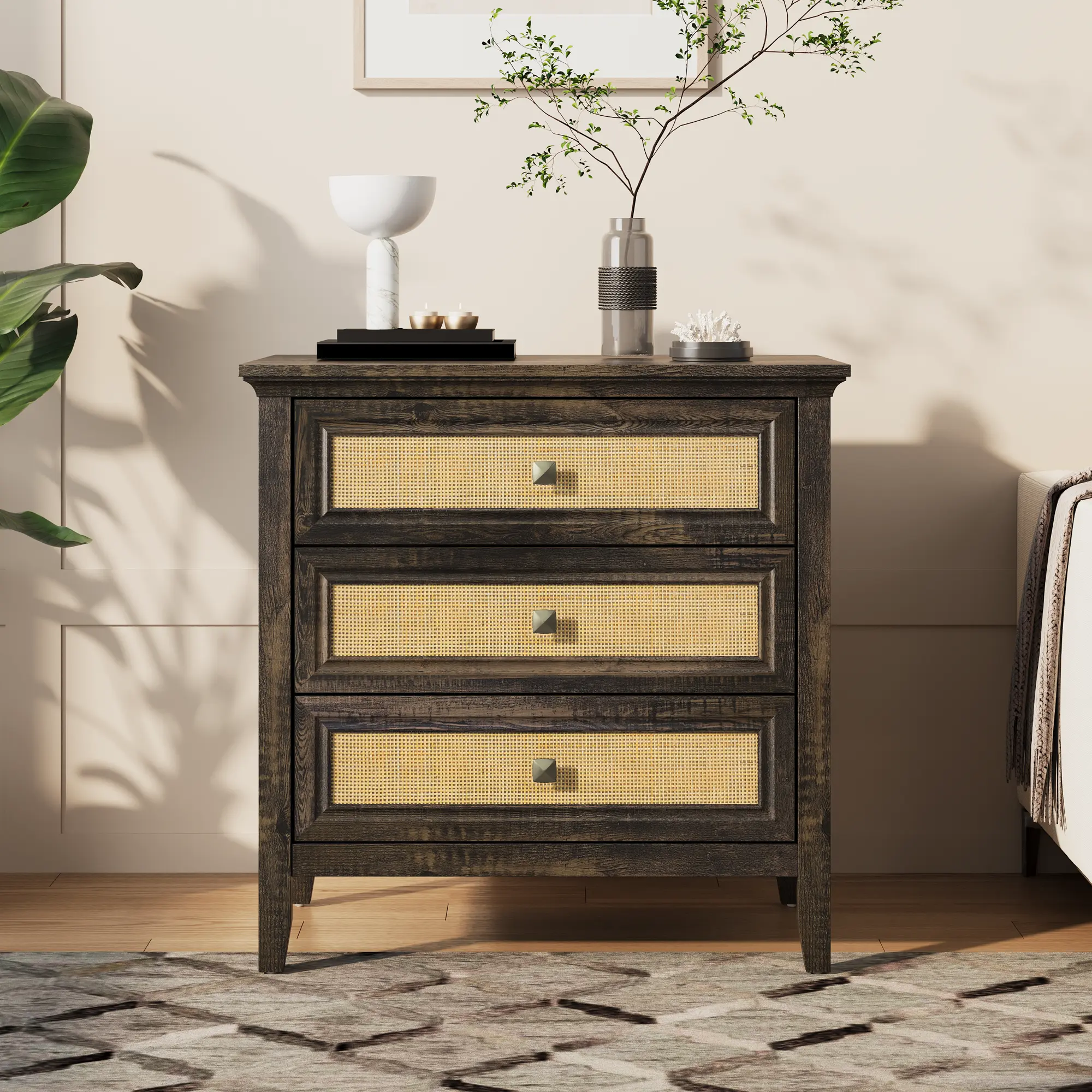 RoyalCraft Wide Nightstand for Bedroom, Boho Tall Nightstand with 3 Drawer, Modern End Table, Wood Beside Table for Home and Office, Coffee