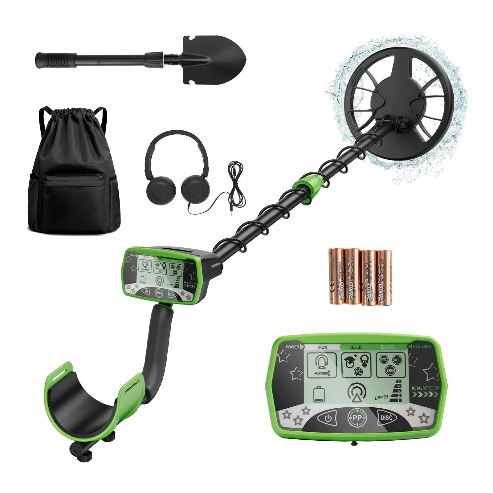 Metal Detector for Adults & Kids, Waterproof Metal Detectors with High Accuracy Lightweight 8'' Waterproof Search Coil, LCD Display, Adjustable Length, All Metal & Disc Modes,Green