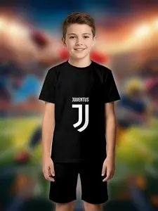 Boys' Juventus Team Emblem Tee & Short Set, Base Color, Jj Logo, Casual Summer, Party Wear, School, Outdoor