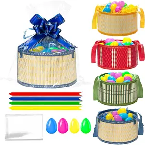 4Sets Large Easter Basket Foldable Easter Baskets with Handle Ribbon Cellophane Bags 12 Colorful Eggs for Easter Egg Hunt Baskets for Gifts Empty (4PCS-Large)