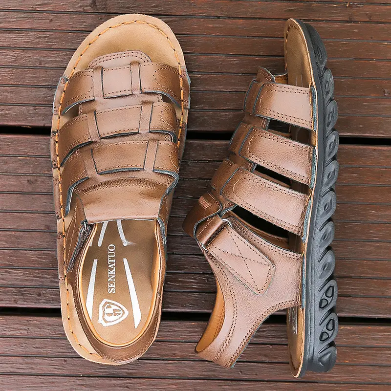 Men's Genuine Leather Open-Toe Sandals - Breathable Casual Summer Walking Shoes with Non-Slip Shock-Absorbing Rubber Sole, Adjustable Buckle Strap, Quick-Dry Loop Fastener for Beach Outdoor Use, Round Toe, Cushioned Pad, Cow Hide, Classic, Padded