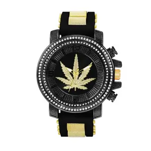 MaxBling81 Unisex Hip Hop Watch, 46mm Iced Analog with Weed Leaf Dial, Cubic Zirconia Stones and Black Silicone Band