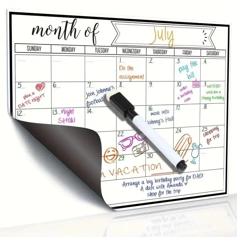 Reusable Magnetic Refrigerator Whiteboard Calendar, Calendar for Fridge, A4 Dry Erase Monthly Planner, Includes 3 Pens and Magnet, Ideal for Home Schedule Management