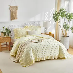 Tufted Dots Ruffle Duvet Cover Set Twin Size, 3 Pieces Vintage Farmhouse Shabby Chic Ruffled Duvet Cover with Zipper Closure, Luxury Jacquard Boho Bohemian Bedding Set for Kids (Yellow, Twin)