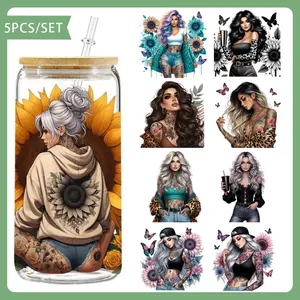 5Pcs/Set Tattoo Woman's Temperament 16oz Glass Jars Wrap Transfer Decorative Paper UV DTF High Self-adhensive Decor Transfer Decoration Sets