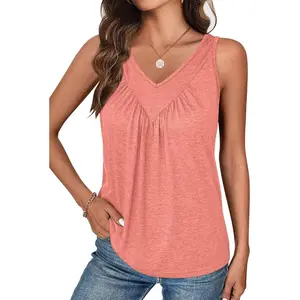 Women's V-Neck Tank Top - Soft Casual Loose Fit Ruched Sleeveless Top for Summer