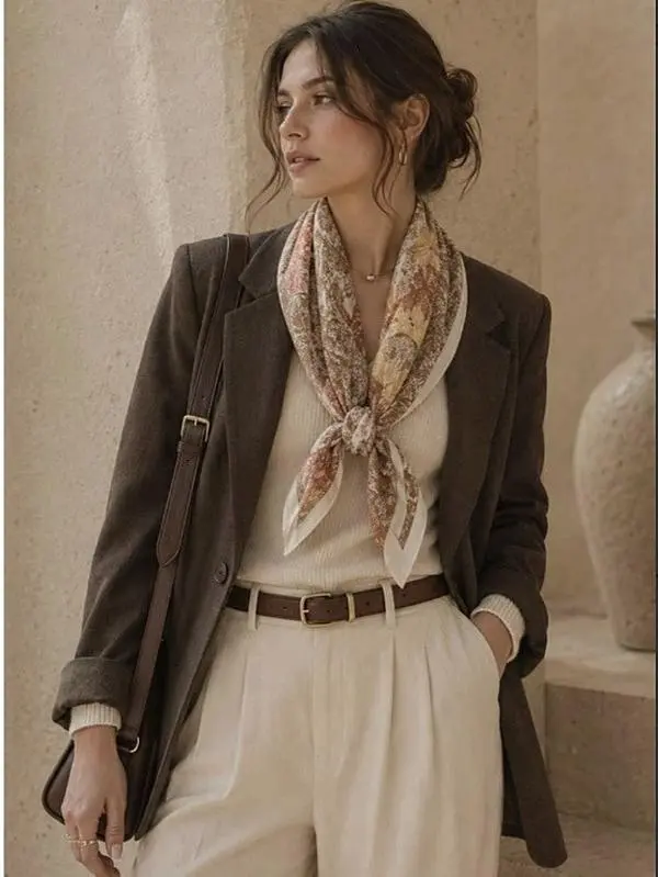 Elegant Neutral Poly-Silk Scarf – 35x35" Trendy Multicolor Wrap – Head, Neck & Waist Accessory