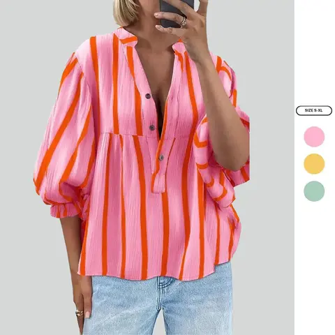 Imily Bela Womens Puff Sleeve Babydoll Tops Summer V Neck Striped Blouse Cute Casual Loose Fit Flowy Shirts
