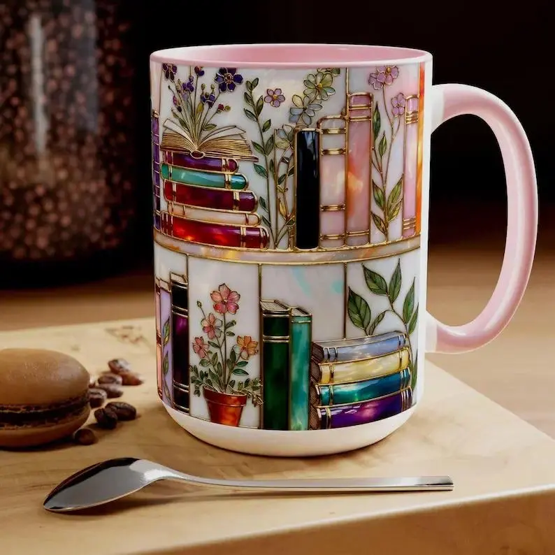 Stained-Glass Design 11ozMug, Floral Bookshelf Mug, Bookish Mug, Book Lover Gift, Library Cup, 11oz Tea Cup, Large Ceramic Mug, Coffee Mug, Gift for Friends, Kitchen Drinkware