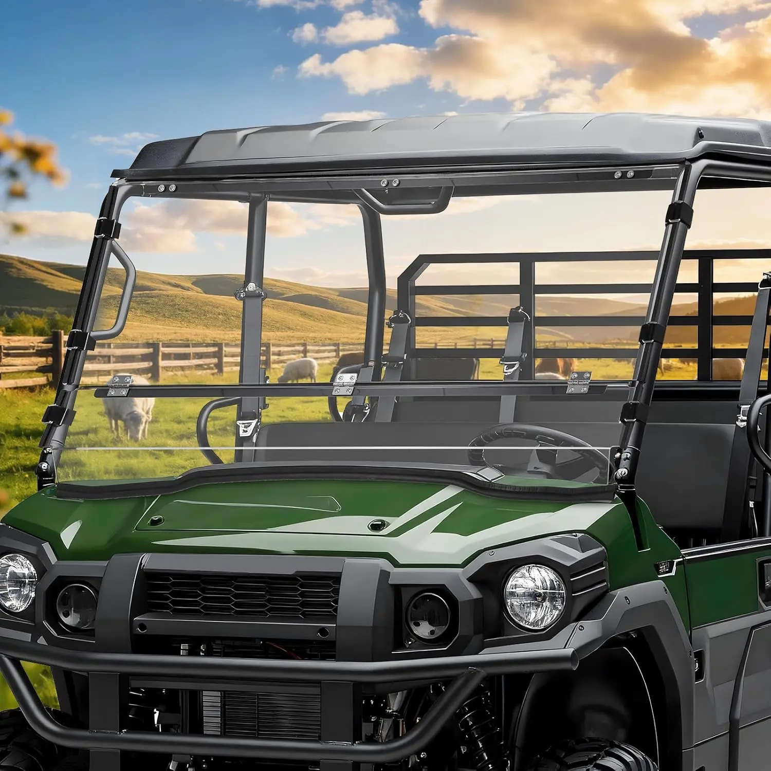 StarknightMT Flip Windshield Compatible with 2015-2026 Kawasaki Mule Pro FXT 20165-2026 FX DX DXT | Hard Coated Polycarbonate Anti-UV Clear Front Fold Window for Farm & Ranch No Rattle Easy Install